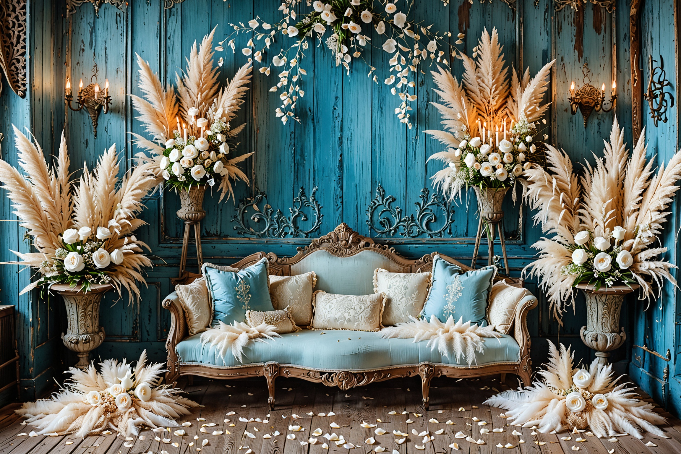 A vintage-styled room with a blue wooden wall adorned with ornate wall sconces. A floral arrangement hangs from the ceilin...
