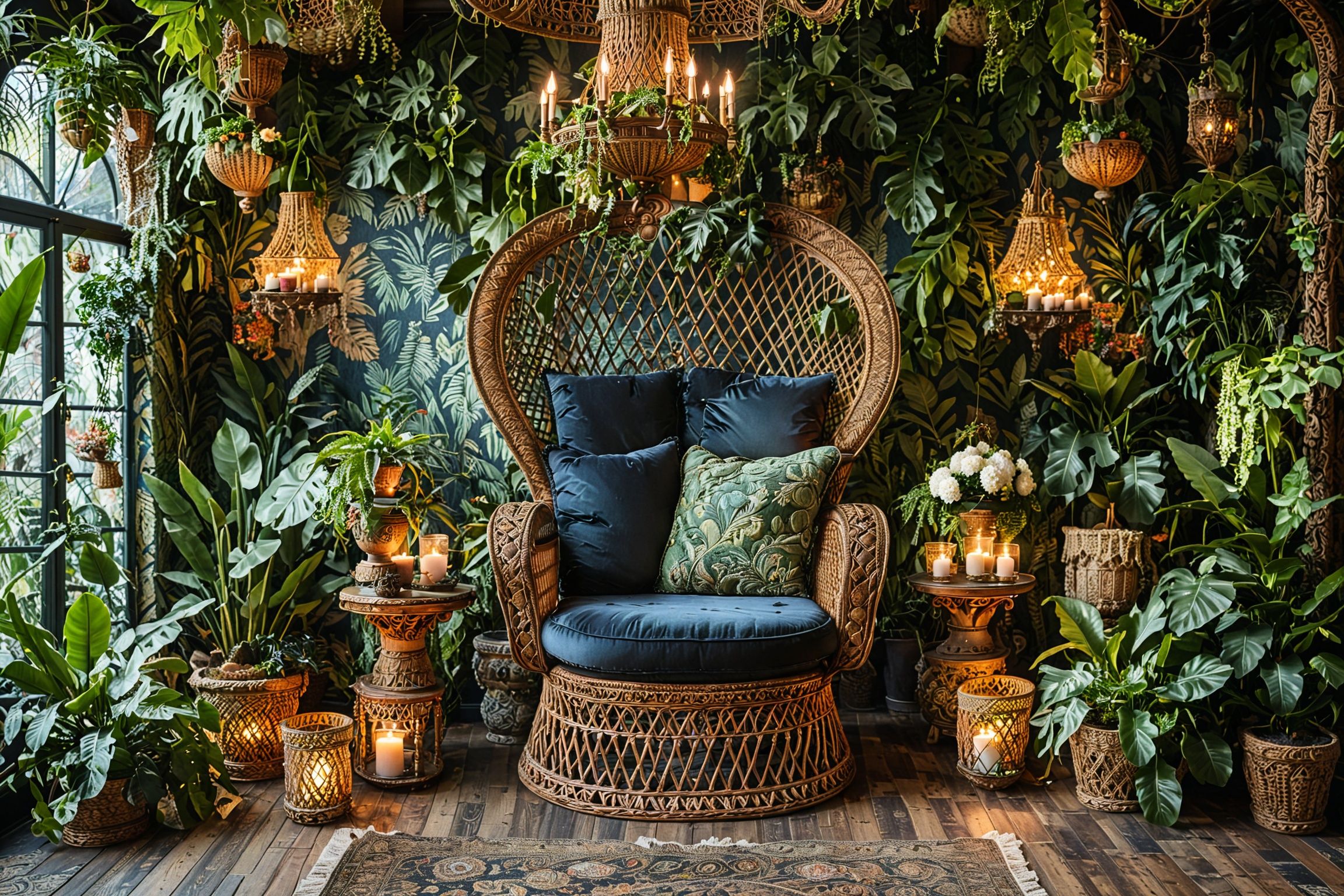 A cozy indoor setting,  dominated by a large,  ornate wicker chair with a plush cushion. The chair is surrounded by an arr...