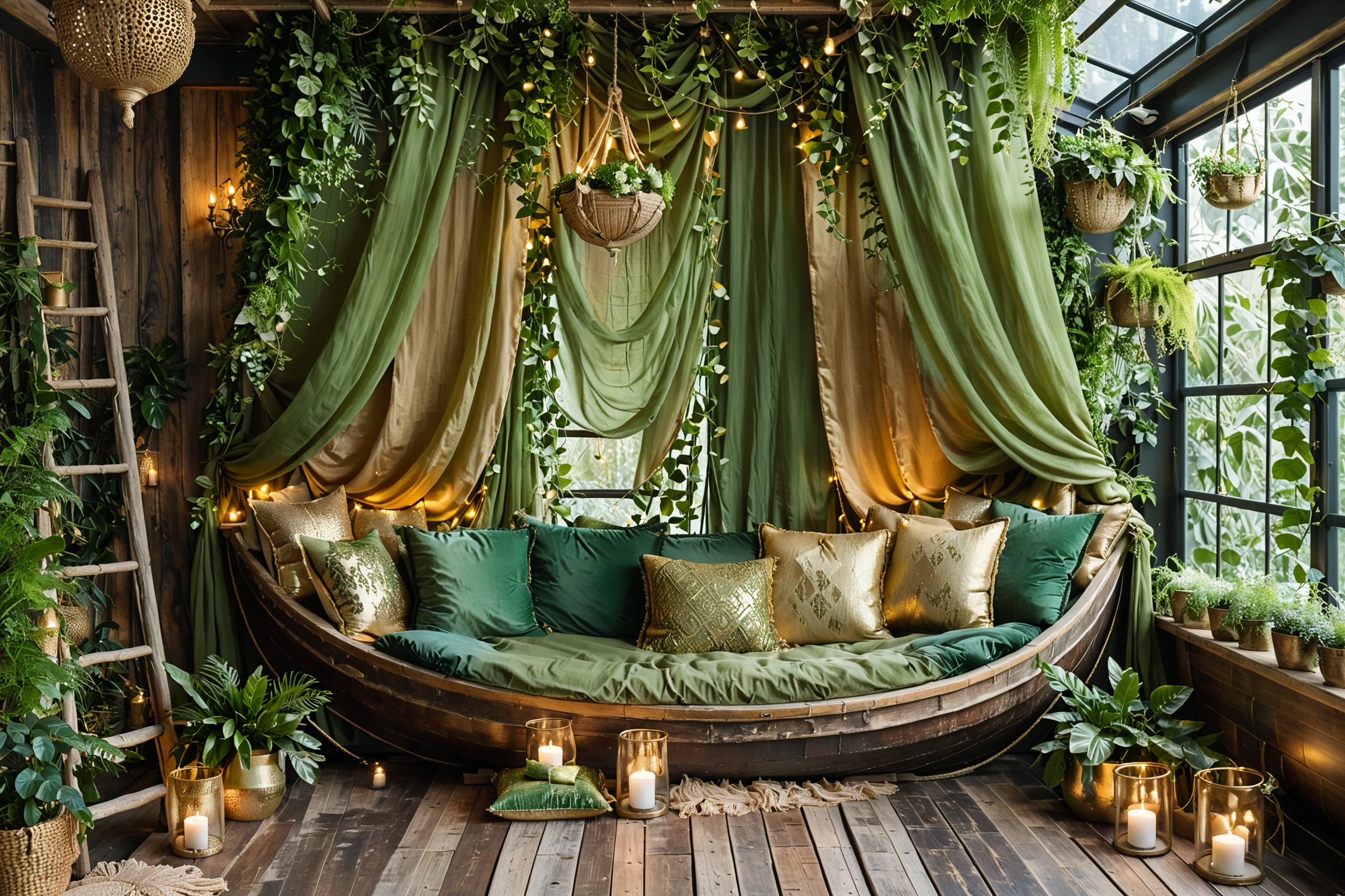 A cozy,  indoor setting with a large,  boat-shaped structure made of wood on Tensor.Art