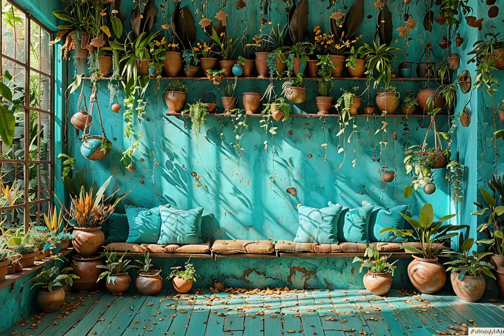 A cozy indoor space with a rustic ambiance. A turquoise wall serves as the backdrop,  adorned with hanging plants and pots...