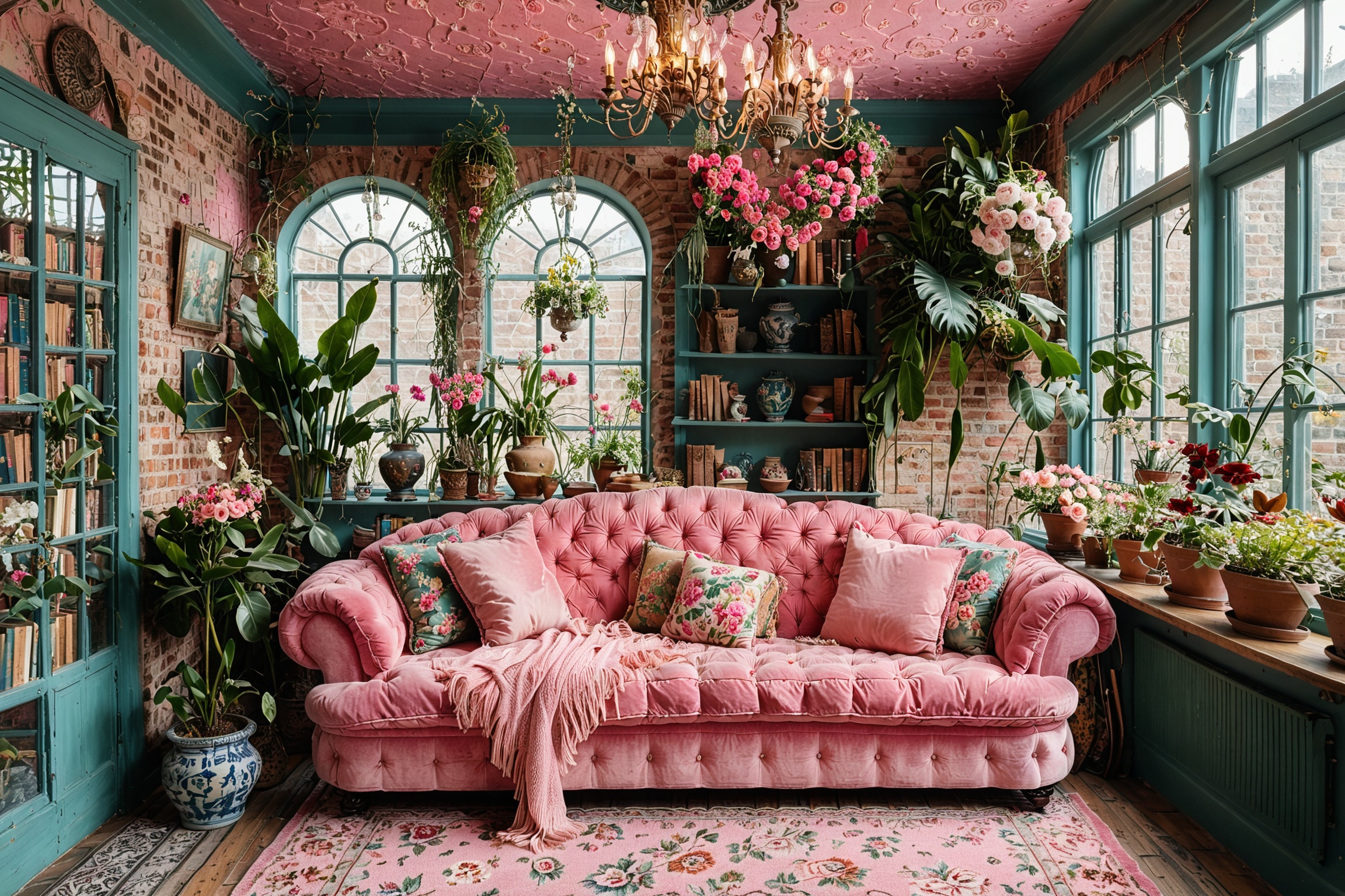 A cozy indoor space,  possibly a conservatory or a sunroom. The room is adorned with a pink tufted sofa,  floral cushions...