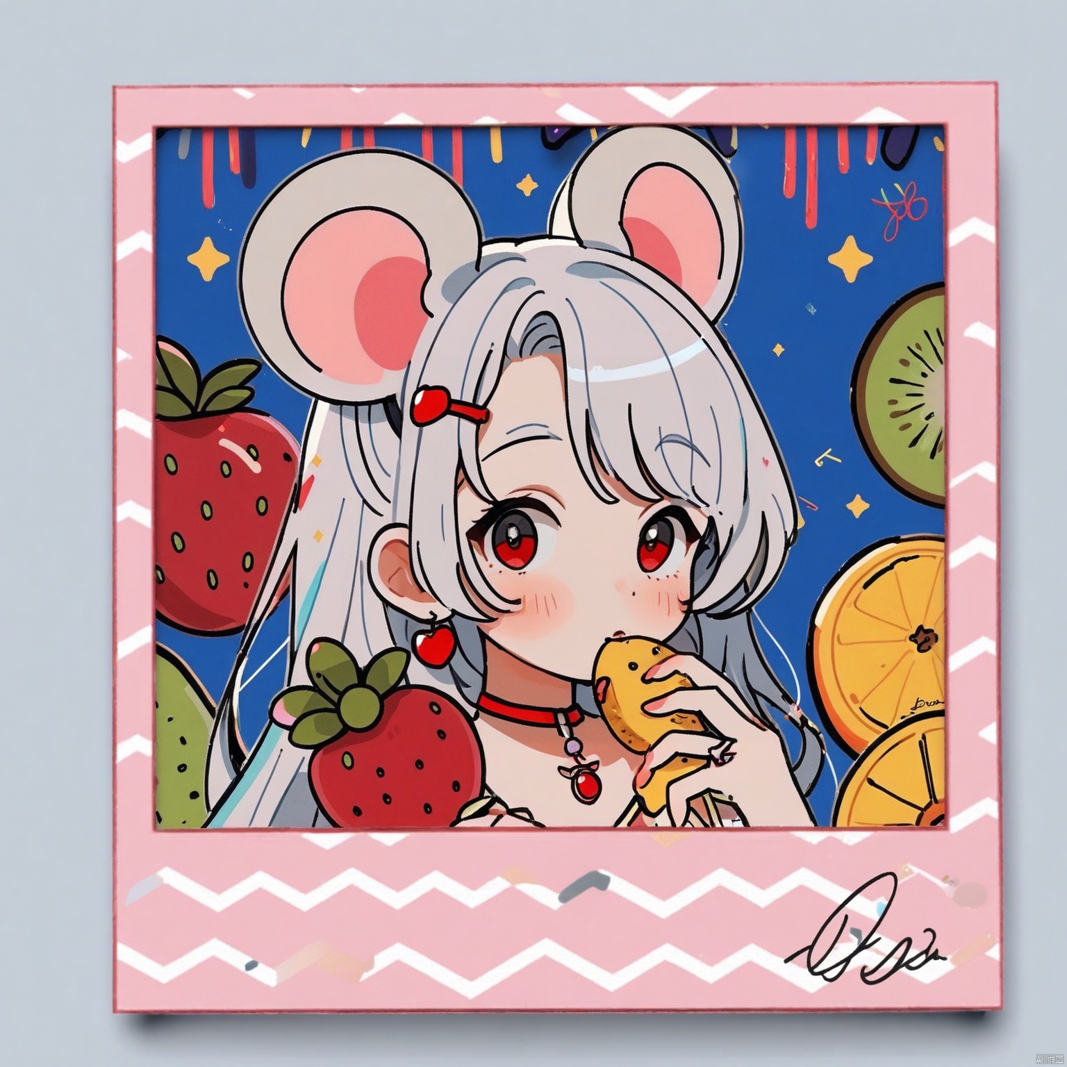 polaroid frame,1girl,solo,long hair,red eyes,animal ears,hair ornament,black hair,looking at viewer,hairclip,mouse ears,grey hair,upper body,holding,mouse,jewelry,signature,blush,earrings,food,fruit,