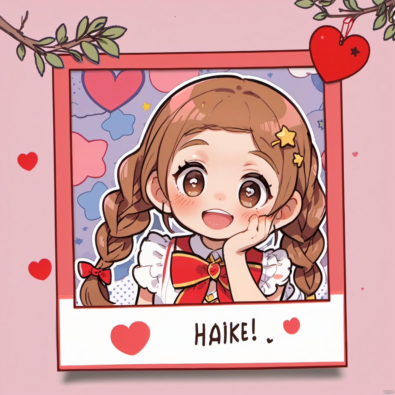 polaroid frame, heart, spoken heart, 1girl, solo, brown hair, star \(symbol\), open mouth, red bow, smile, twin braids, looking at viewer, bow, blush