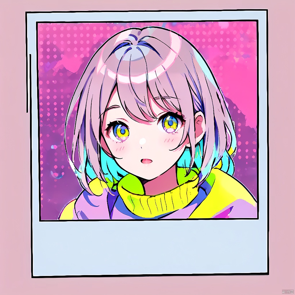 polaroid frame,portrait, neon color, 1girl, polka dot background