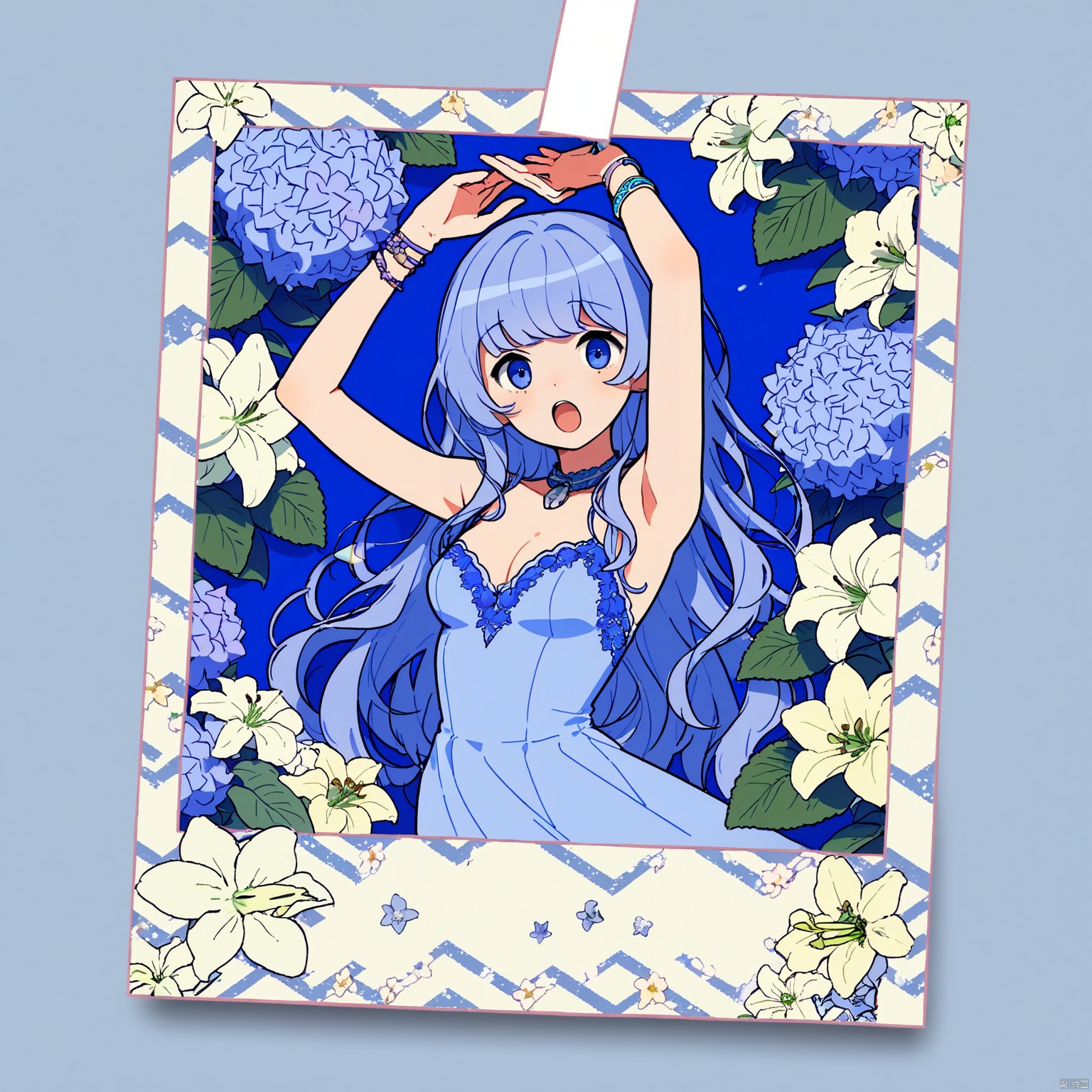 polaroid frame, blue flower, flower, hydrangea, white flower, bracelet, 1girl, lily \(flower\), daisy, bell, blue rose, long hair, purple flower, solo, jewelry, breasts, dress, blue theme, arms up, open mouth, armpits, looking at viewer, medium breasts