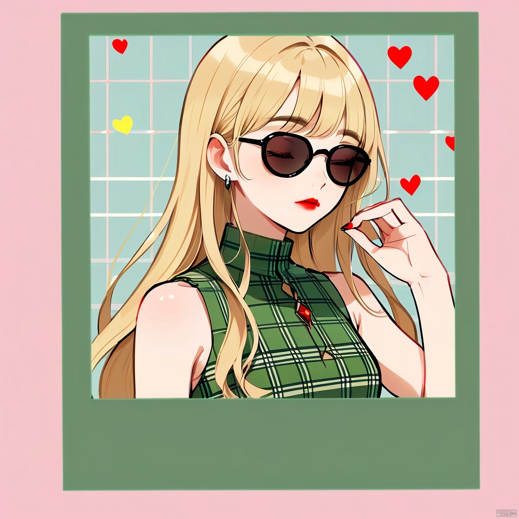 polaroid frame,1girl,long hair,heart,sunglasses,blonde hair,upper body,plaid,plaid dress,hand up,sleeveless,bare shoulders,makeup,closed eyes,closed mouth,green shirt,red lips,lipstick,dress,fashion,cool style,