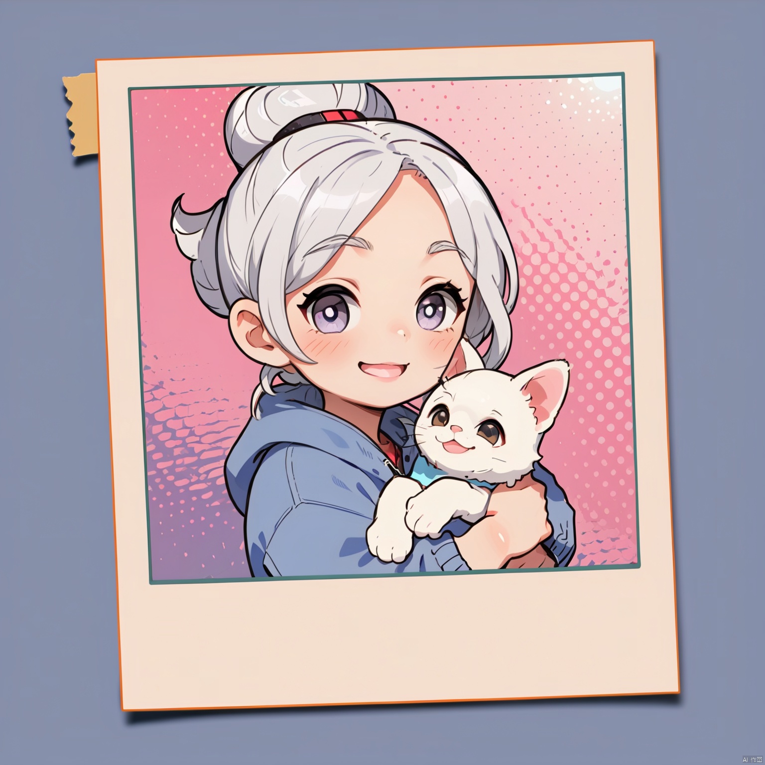 polaroid frame, (masterpiece, best quality:1.2), ultra-detailed,(ultra detailed),1girl,  White hair,hair_bun,portrait,best light and shadow,Holding a kitten in his arms, smile,Halftone background