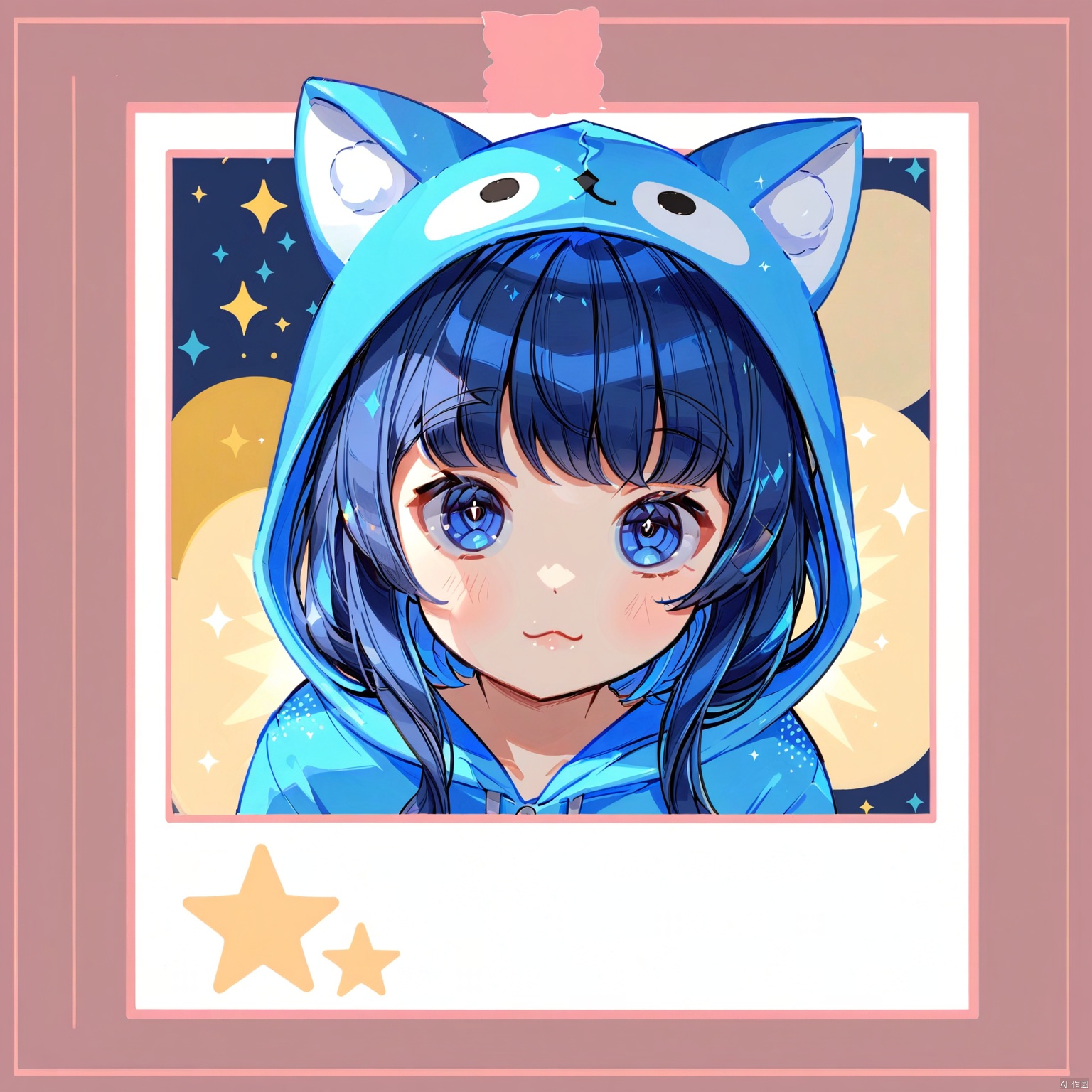 polaroid frame,1girl, blue eyes, :3, solo, hood, blue hair, bangs, sparkle, cat ears, animal hood, animal hat, long hair, looking at viewer