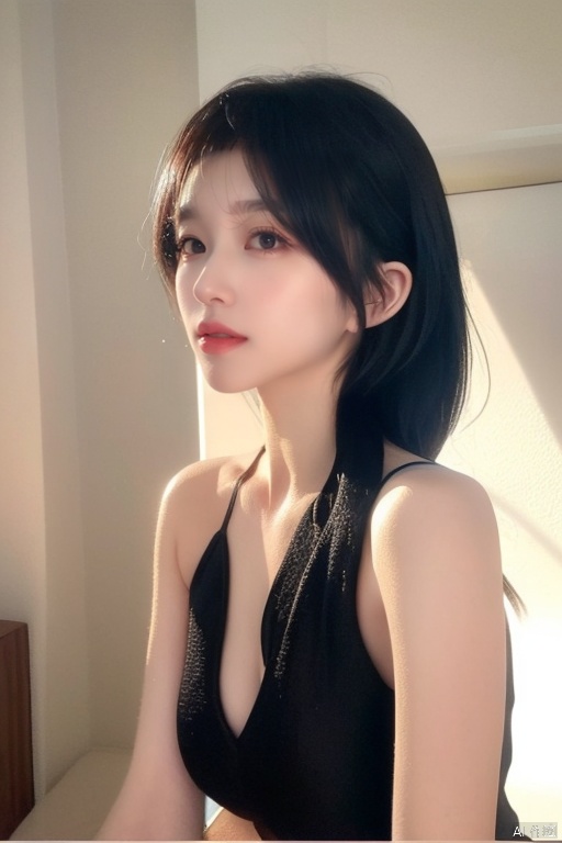 A young woman with long, luscious black hair, worn in a sleek ponytail with wispy bangs framing her face. She gazes directly into the camera lens, her parted lips painted a subtle shade of pink and her dark eyes gleaming with intensity. Her bare shoulders and upper body are illuminated by soft, natural light, accentuating her porcelain complexion.