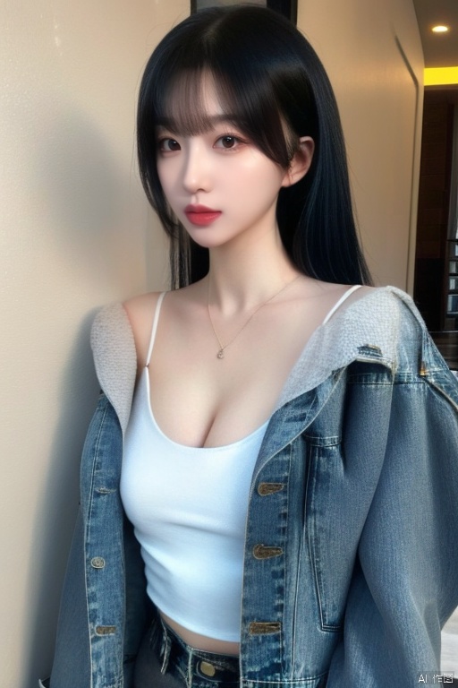 1girl, solo, long hair, breasts, looking at viewer, black hair, cleavage, jewelry, jacket, upper body, necklace, black eyes, lips, **** top, denim, realistic, denim jacket