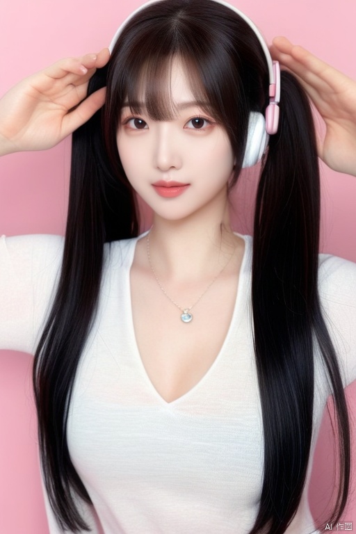 1girl, solo, long hair, looking at viewer, smile, black hair, twintails, jewelry, necklace, lips, headphones, realistic, salute