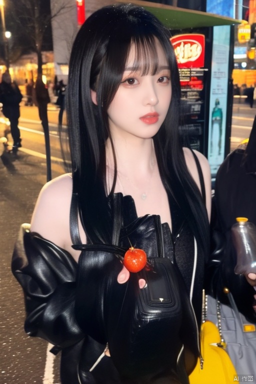 1girl, long hair, bangs, black hair, jacket, upper body, outdoors, food, solo focus, bag, black eyes, lips, ground vehicle, red lips, photo background