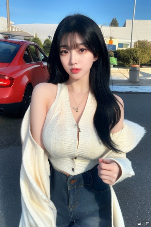 A young woman with long, jet-black hair, framing her striking features, gazes directly at the camera. Her luscious locks fall across her forehead in a curtain of bangs. She wears a sleek jacket, showcasing her toned upper body. Outside, a rugged terrain stretches behind her, where a vintage car serves as an unexpected backdrop. In one hand, she clutches a colorful bag filled with an assortment of edibles. Her piercing black eyes and bold red lips take center stage, drawing the viewer's attention.