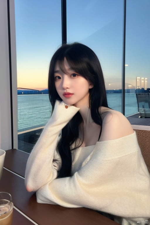 1girl, solo, long hair, looking at viewer, smile, black hair, long sleeves, sitting, indoors, off shoulder, black eyes, cup, lips, sleeves past wrists, window, realistic, photo background