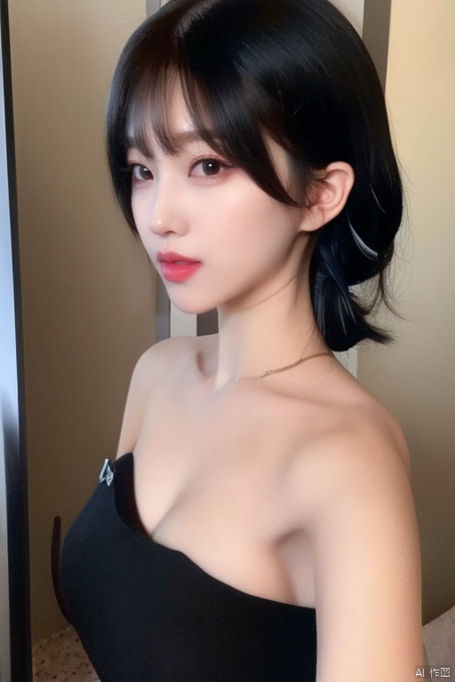 A young woman with long, luscious black hair, worn in a sleek ponytail with wispy bangs framing her face. She gazes directly into the camera lens, her parted lips painted a subtle shade of pink and her dark eyes gleaming with intensity. Her bare shoulders and upper body are illuminated by soft, natural light, accentuating her porcelain complexion.