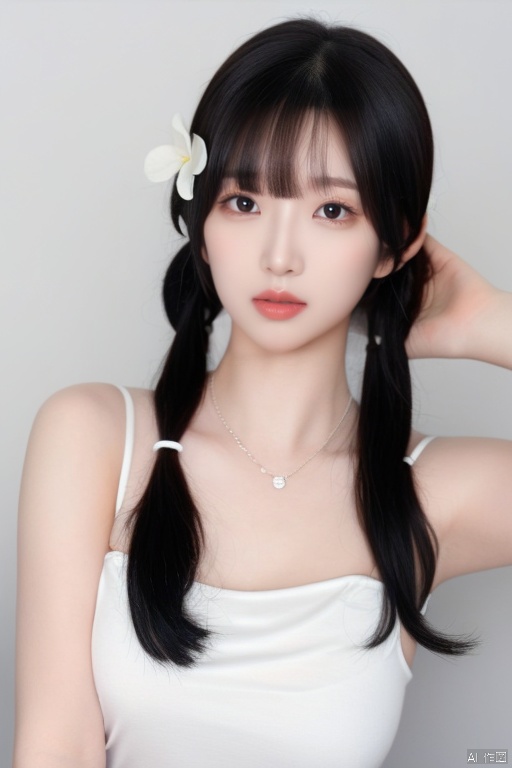 1girl, solo, long hair, looking at viewer, black hair, hair ornament, twintails, jewelry, flower, hair flower, necklace, black eyes, lips, camisole, realistic