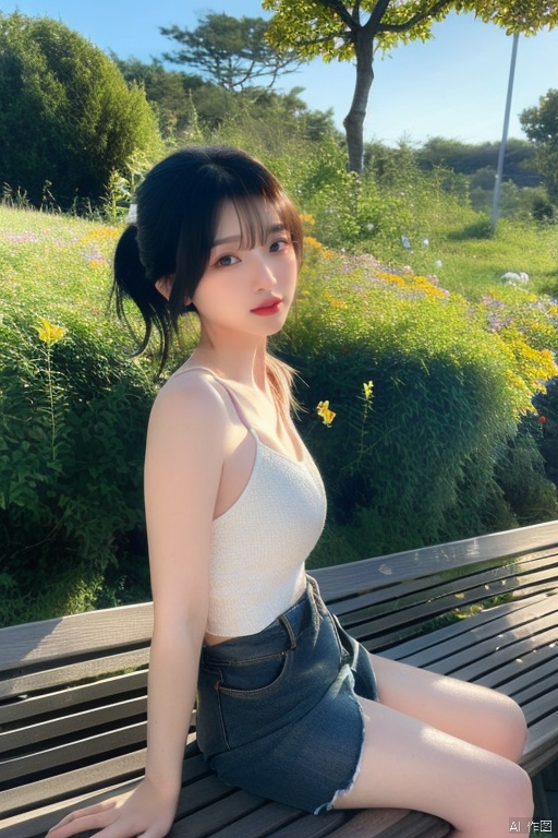A youthful girl with a bright smile, curly brown hair tied back in a ponytail, and sparkling green eyes, sits on a worn wooden bench amidst a lush meadow, surrounded by wildflowers of every color, with the warm sunlight casting a gentle glow over her carefree pose.,zhixiaose