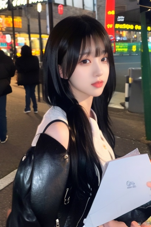 1girl, long hair, bangs, black hair, jacket, upper body, outdoors, food, solo focus, bag, black eyes, lips, ground vehicle, red lips, photo background