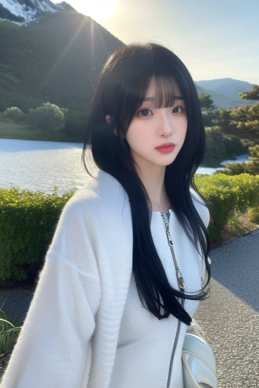 A young woman with long, jet-black hair, framing her striking features, gazes directly at the camera. Her luscious locks fall across her forehead in a curtain of bangs. She wears a sleek jacket, showcasing her toned upper body. Outside, a rugged terrain stretches behind her, where a vintage car serves as an unexpected backdrop. In one hand, she clutches a colorful bag filled with an assortment of edibles. Her piercing black eyes and bold red lips take center stage, drawing the viewer's attention.