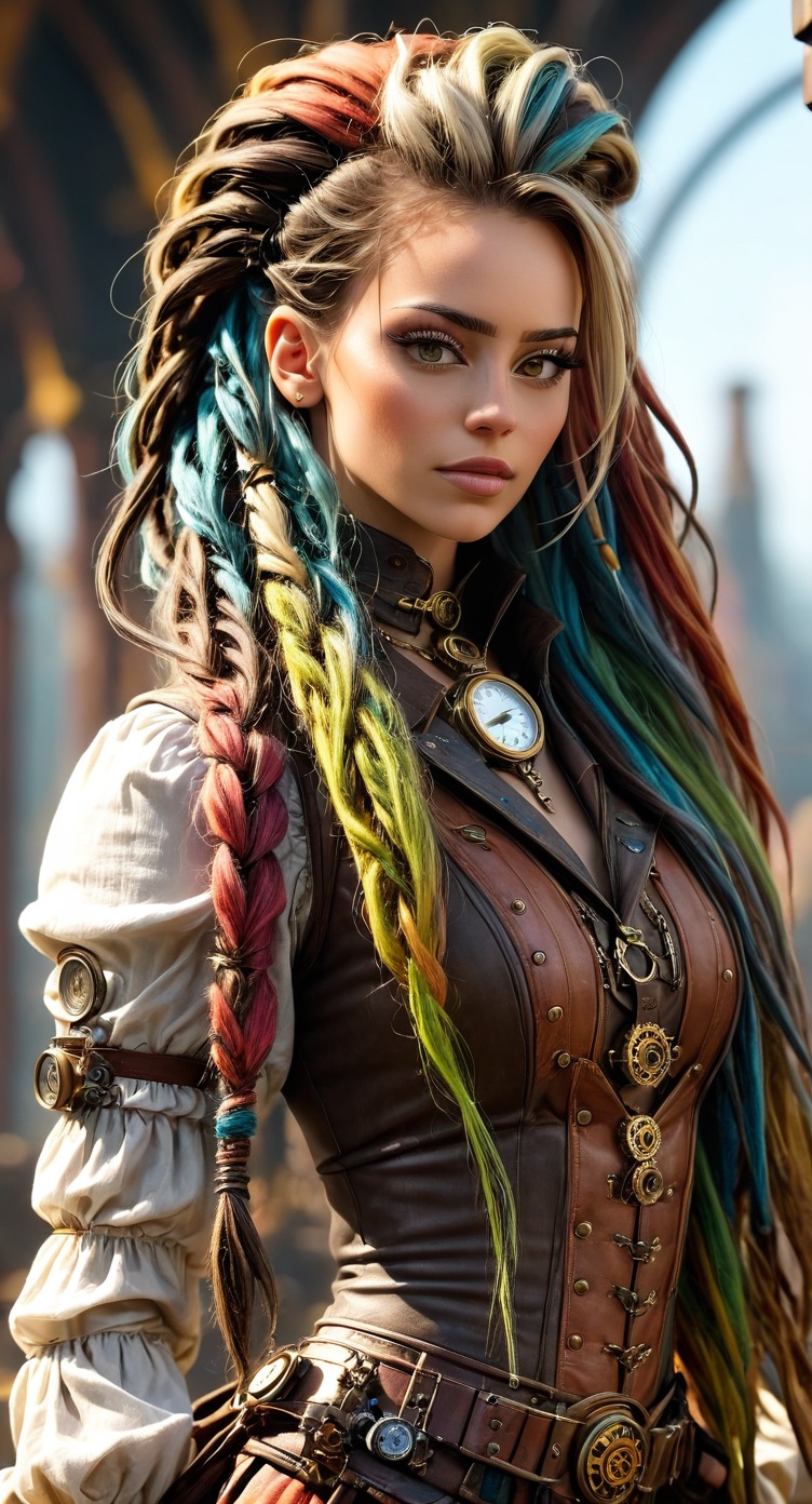 Very beautiful Steampunk lady,  (((with dreadlocks multicolors))) long hair,  steampunk outfit and weapon on Tensor.Art