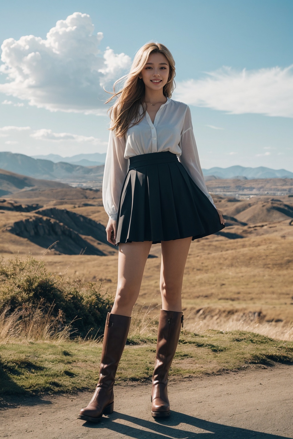 A young woman with long,  flowing blonde hair stands tall in a vast,  open landscape on Tensor.Art