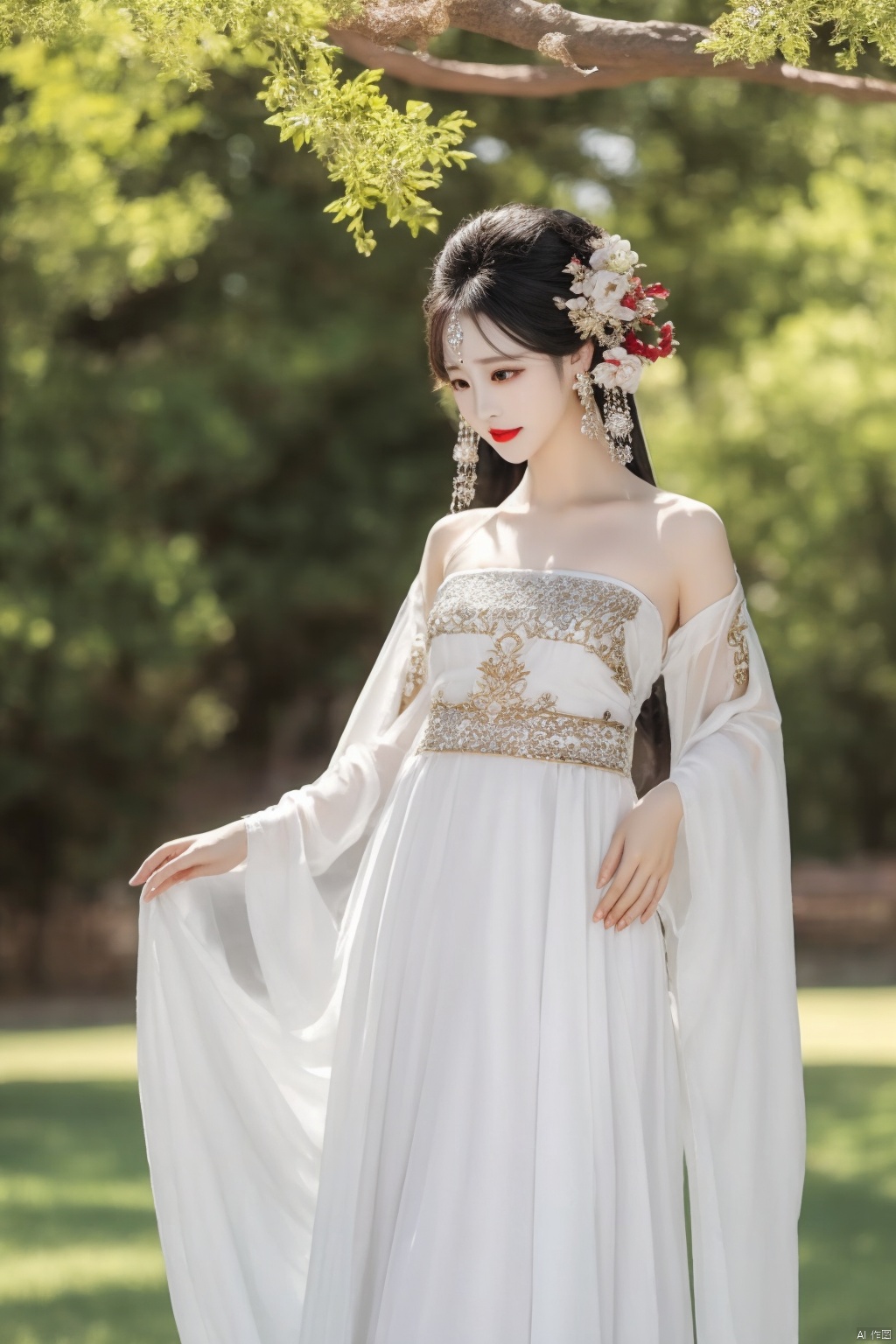 1 girl,Diamond and gemstone earrings,make up,lipstick,temperament,Hanfu,Dress