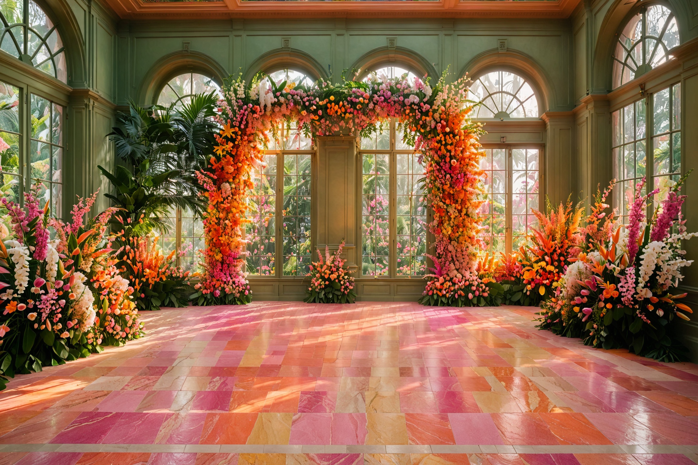 An opulent room with large arched windows that let in soft sunlight. The room is adorned with a vibrant floral arch,  burs...