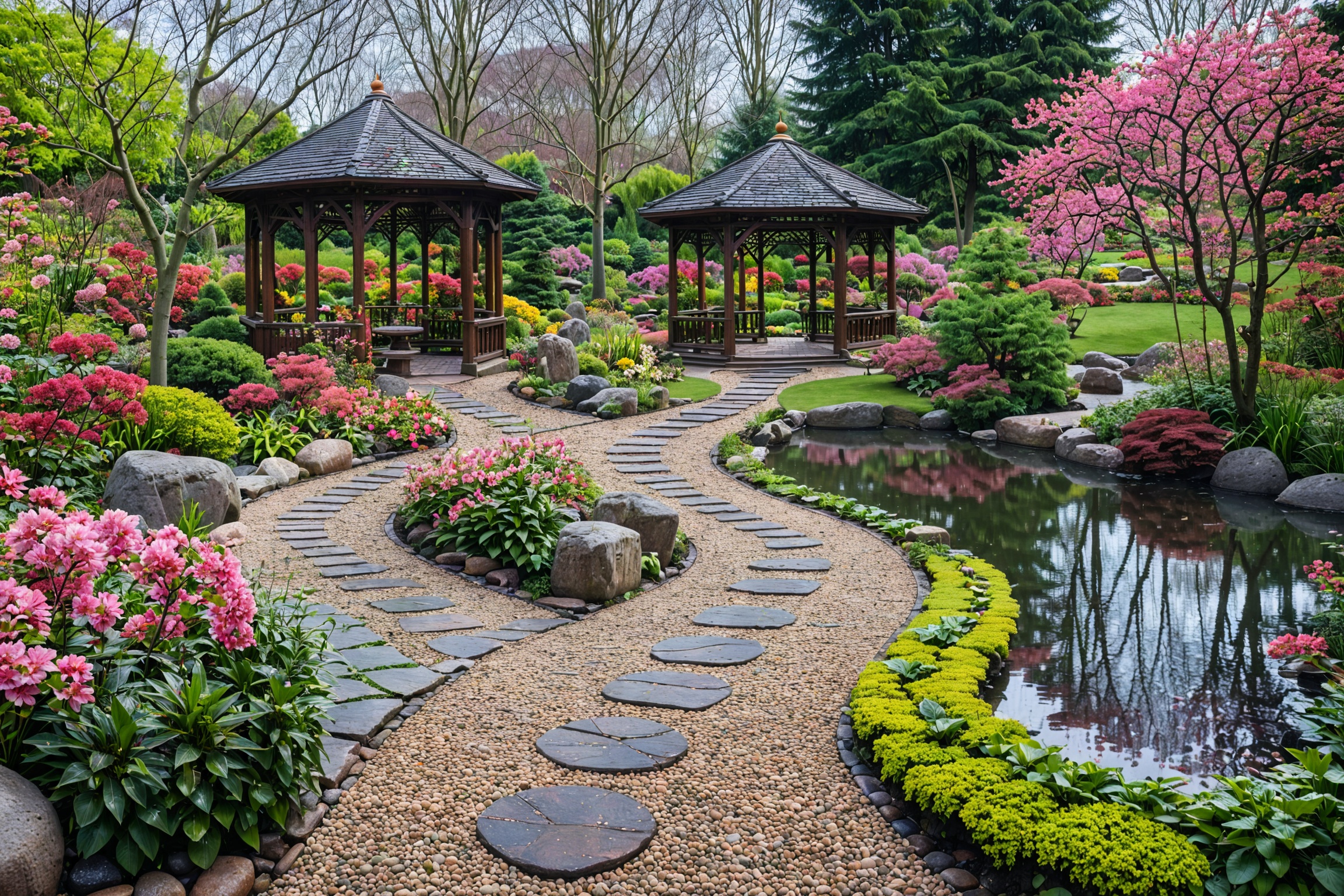 A serene and meticulously designed garden. A calm pond,  bordered by stepping stones,  is the central feature on Tensor.Art