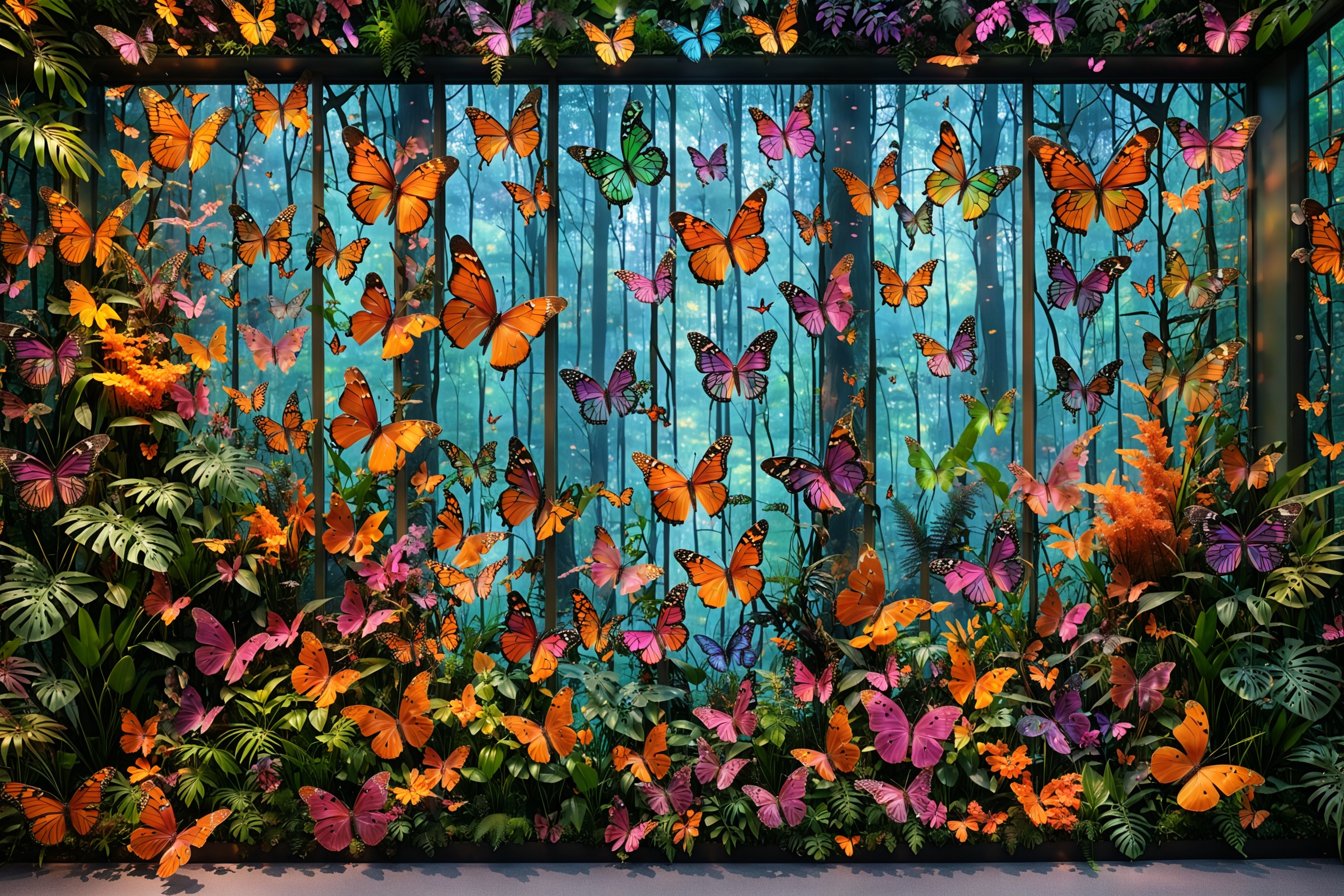 A large window or display,  through which a misty forest can be seen. The window is adorned with multiple vibrant butterfl...
