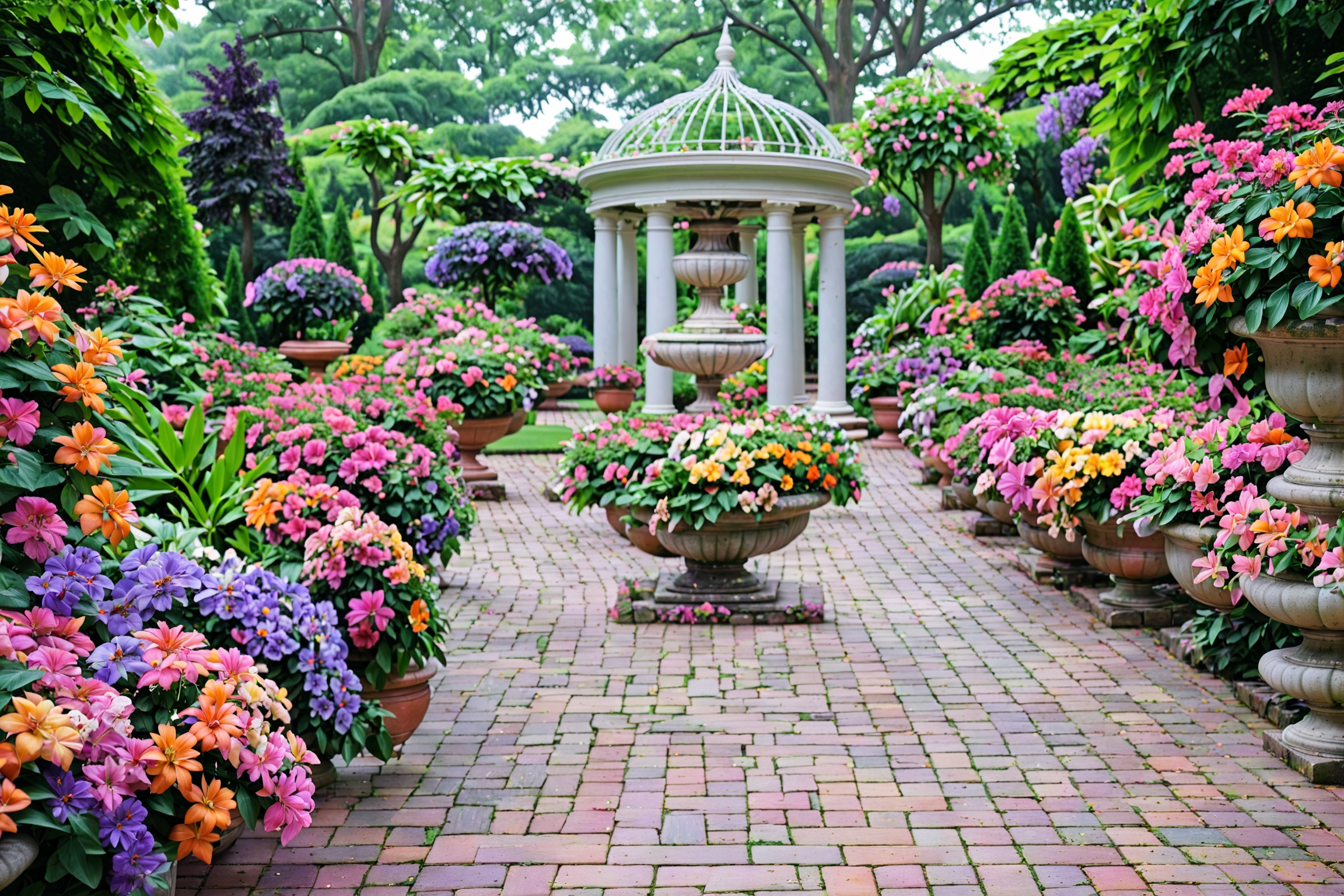 A beautifully manicured garden with a central stone urn overflowing with vibrant flowers in shades of pink,  orange,  yell...