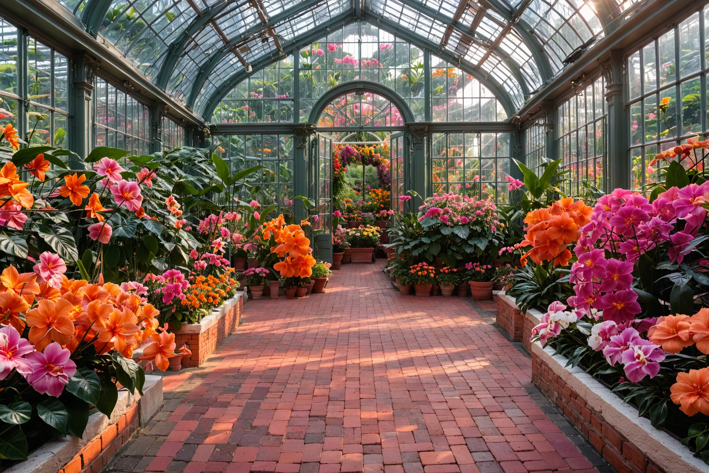 A beautifully designed greenhouse with a glass ceiling and walls. The interior is adorned with a plethora of vibrant flowe...