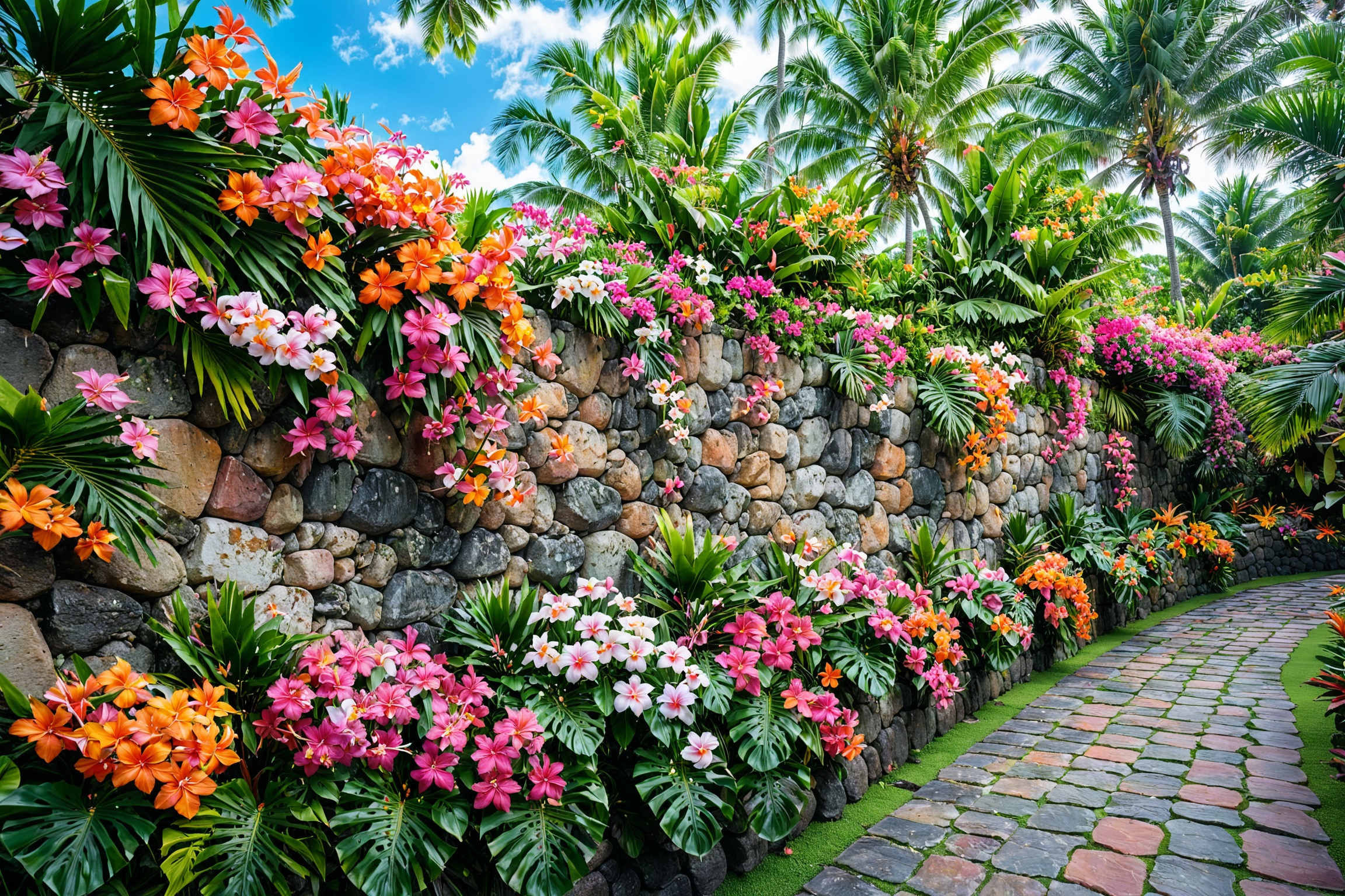 A vibrant tropical setting with a stone wall as the backdrop. The wall is adorned with a myriad of colorful flowers,  rang...