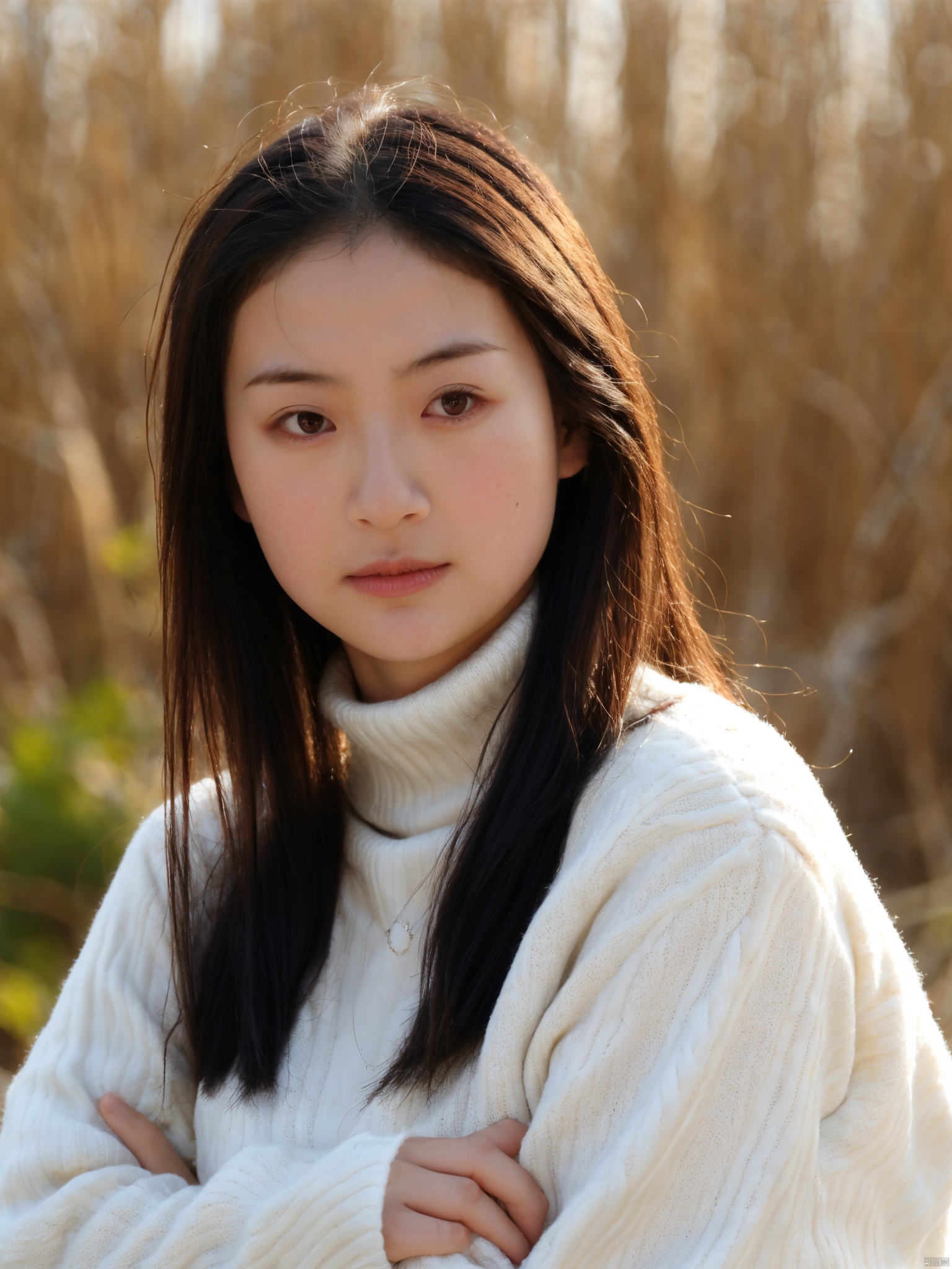 1girl, solo, looking at viewer, black hair,  long sleeves, closed mouth, upper body, black eyes, sweater, lips, plant, realistic, 