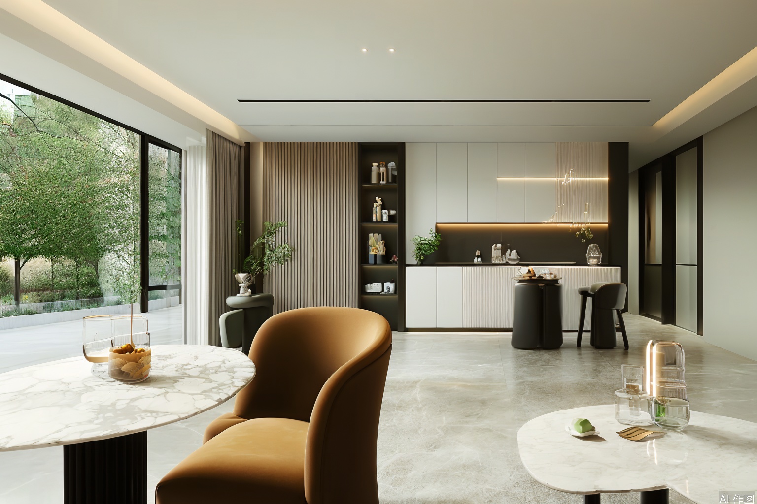 indoors, cup, no humans, window, chair, table, plant, scenery, plate, potted plant, coffee, ceiling light,Reduce green