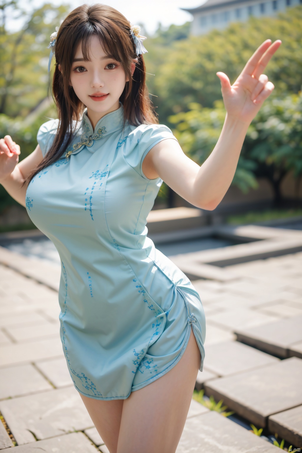 best quality, masterpiece,Depth of field,kind smile,looking_at_viewer,Dynamic pose,RAW photo,1girl,Xcheongsam,(big breasts:1.29),