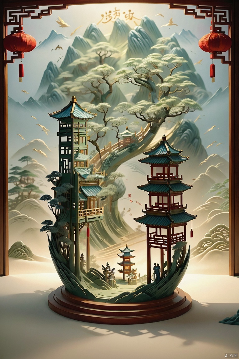 huazhou, architecture, eastern dragon, chinese clothes, lantern, scenery, Chinese style, There are three-dimensional characters appearing in the picture

