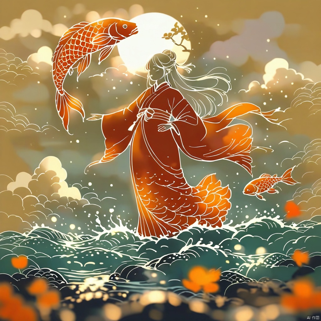 lineart,dreamlike scenes, ink style, splash ink elements, brush strokes, chinese painting, chinese tradition, chinese mythology, remote view, panoramic lens, an ancient chinese kid with long hair, a bun, wearing a white taoist robe, he stands on the body of a huge koi carp, the koi carp's body is transparent, gold and red, and the body has a gilt charm, floating in the sea of clouds