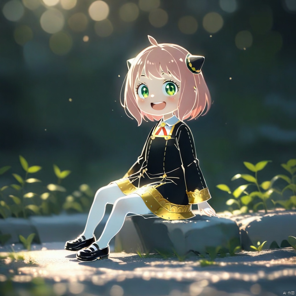 lineart,chibi, (masterpiece),(best quality),Anya Forger,1girl,anya \(spy x family\),solo,female child,hair_pods, pink hair,green eyes,school uniform,eden academy school uniform,smile,dress,sitting,looking at viewer,open mouth,black footwear,black dress,child,shirt,:d,long sleeves,full body,shoes,medium hair,bangs,ahoge,white pantyhose,collared shirt,