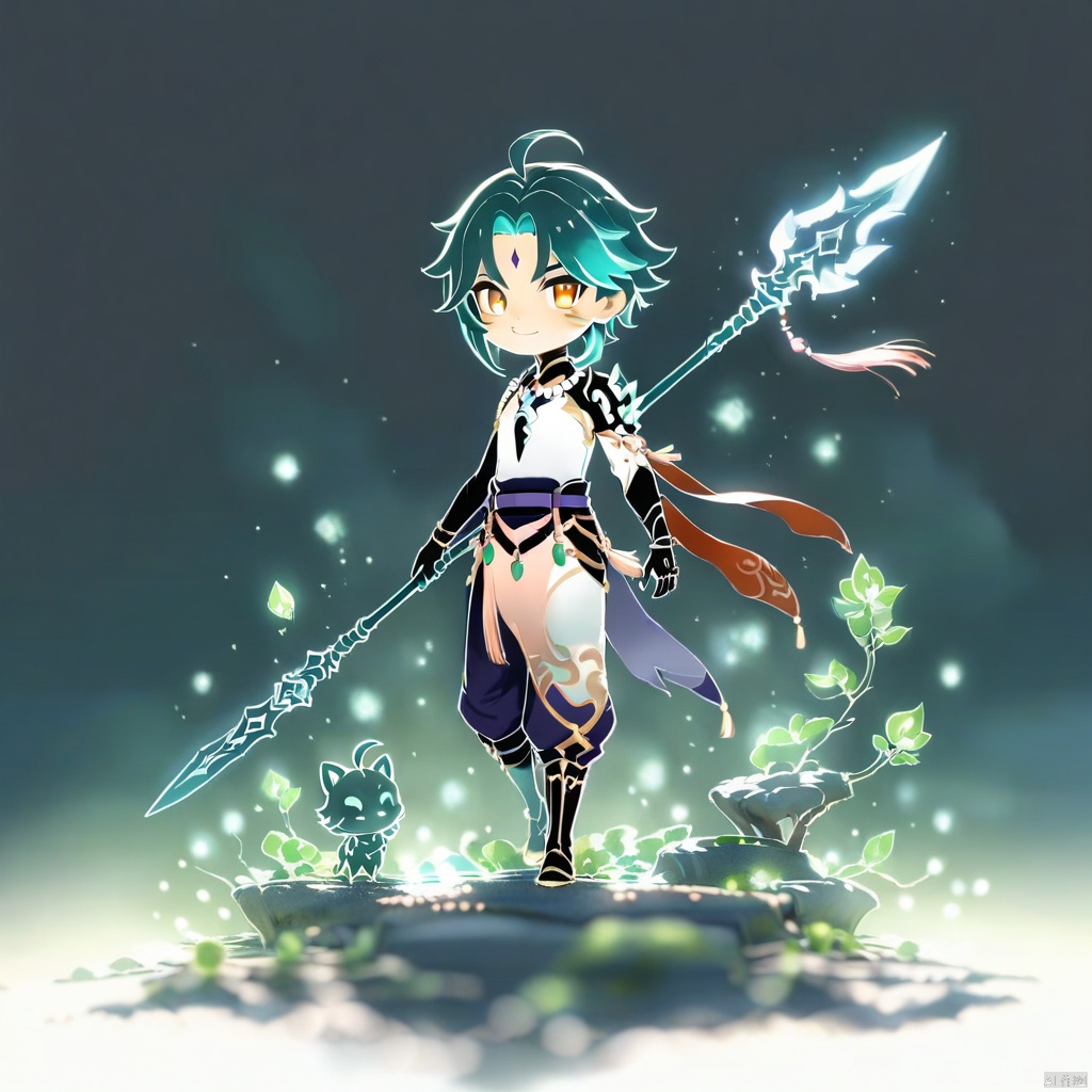 lineart,chibi,full_body,(masterpiece),(best quality),1boy, solo, xiao \(genshin impact\), weapon, male focus, necklace, polearm, white background, jewelry, holding weapon, simple background, holding, smile, multicolored hair, bead necklace, green hair, full body, gloves, holding polearm, spear, asymmetrical clothes, tattoo, beads, ahoge, standing, closed mouth, bangs, detached sleeves, looking at viewer, facial mark, arm guards