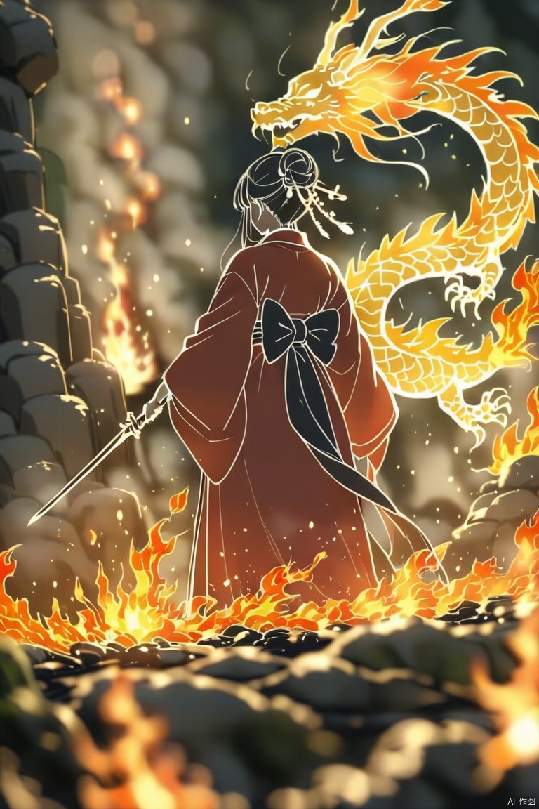 lineart,(masterpiece),(best quality),chinese dragon,dragon,sword,weapon,single hair bun,holding,hair bun,black hair,holding sword,hanfu,1boy,long hair,holding weapon,male focus,red hanfu,solo,standing,long sleeves,from behind,wide sleeves,hair stick,hair ornament,fire,ink art,masterpiece,best quality,