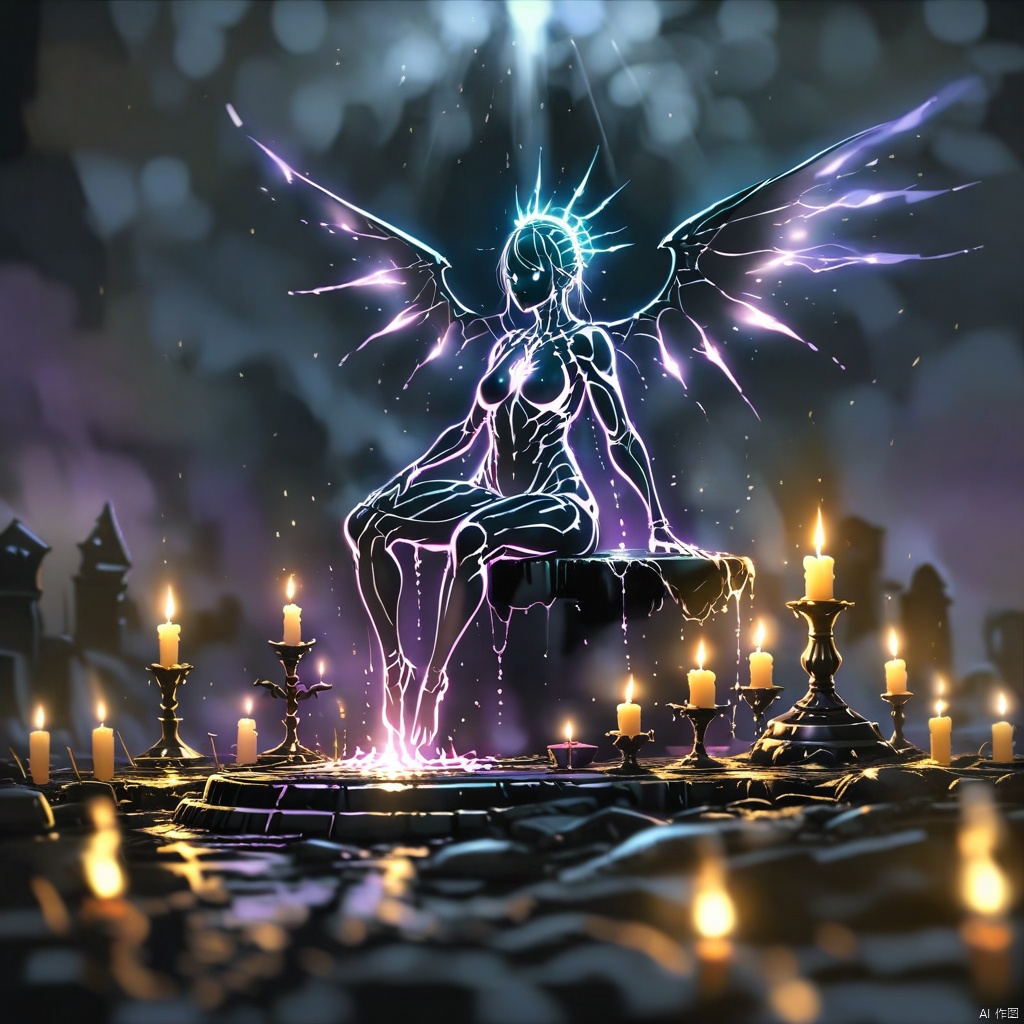 lineart,a big angel sitting on a platform with a candle, in the style of dark fantasy creatures, sergey musin, nightcore, dark, foreboding colors, vanitas, greg rucka, powerful symbolism