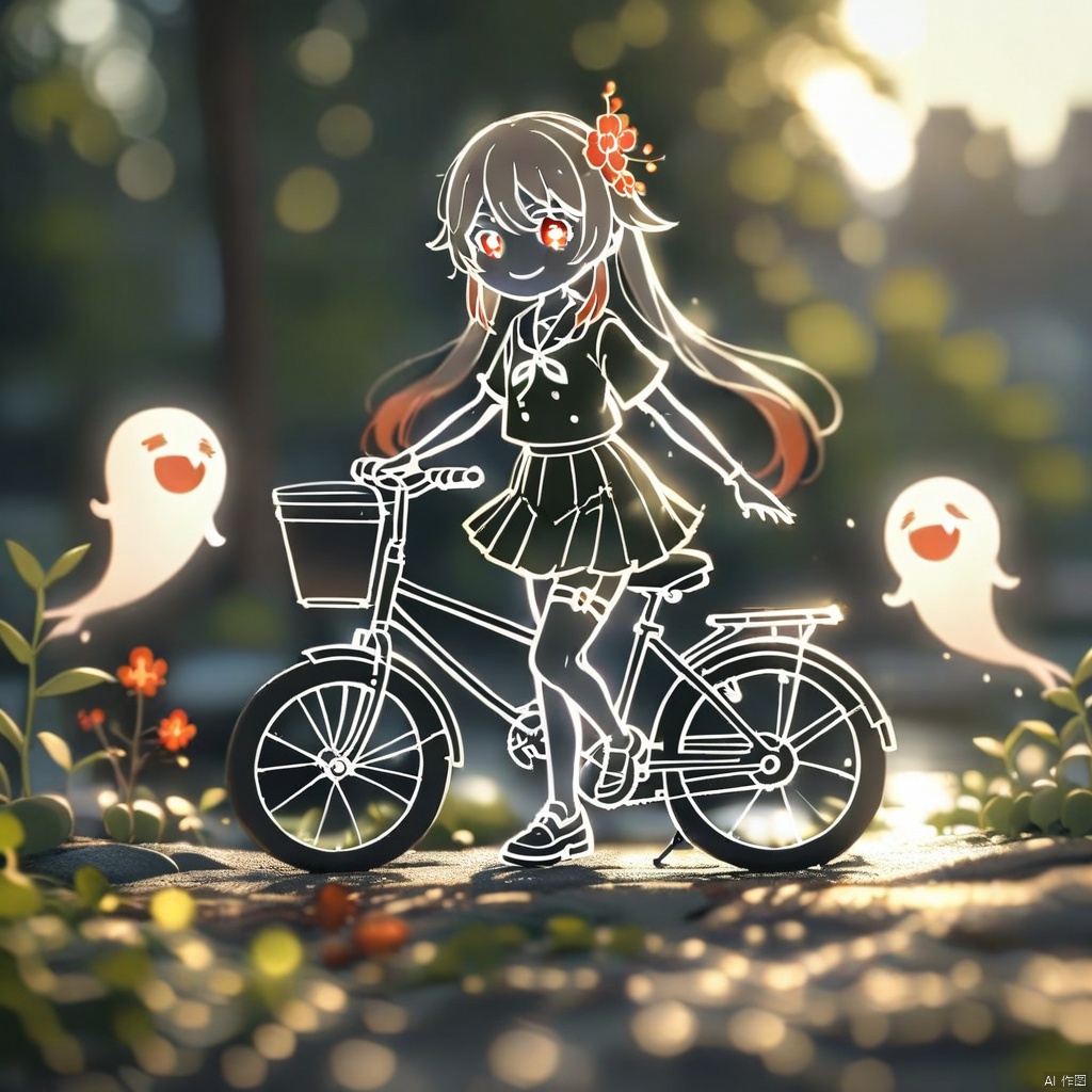 lineart,chibi, (masterpiece,best quality),1girl, hu tao \(genshin impact\), ground vehicle, twintails, red eyes, bicycle, brown hair, hair ornament, skirt, looking at viewer, symbol-shaped pupils, long hair, solo, hair flower, flower, boo tao \(genshin impact\), smile, school uniform, outdoors, ghost, boat, shirt, bag, short sleeves, holding, watercraft, shoes, plaid, alternate costume, thigh strap