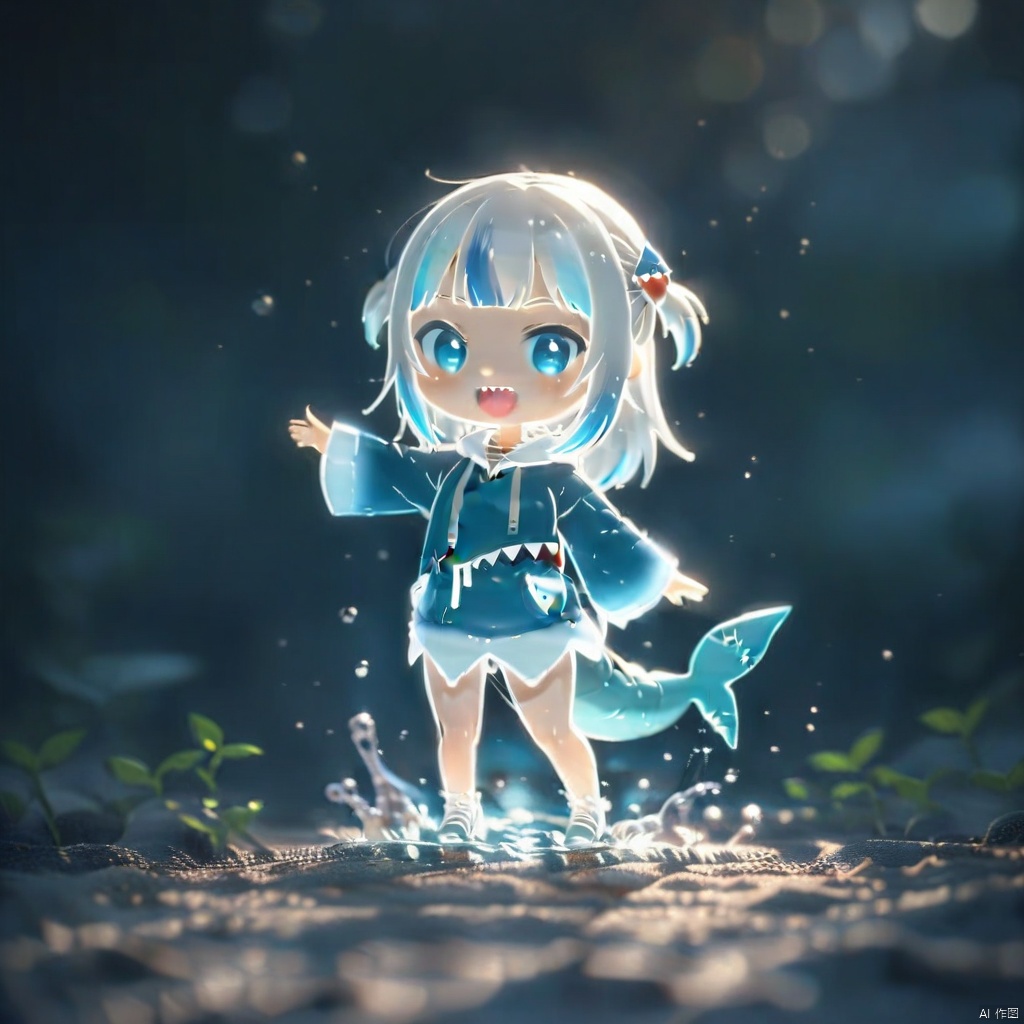 lineart,chibi,1girl, gawr gura, virtual youtuber, tail, fish tail, shark tail, solo, blue eyes, multicolored hair, grey hair, full body, blue hair, streaked hair, bangs, hair ornament, shark hair ornament, two side up, white background, hood, blunt bangs, shark girl, hoodie, simple background, blue hoodie