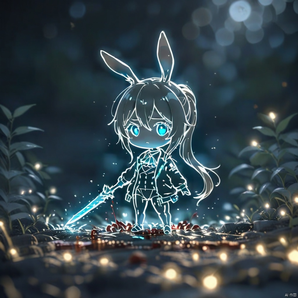 lineart,chibi, (masterpiece,best quality),1girl, animal ears, amiya (arknights), solo, blue eyes, rabbit ears, long hair, holding, looking at viewer, blood, weapon, blue ascot, holding weapon, brown hair, ascot, hair between eyes, sword, holding sword, jacket, blood on face, closed mouth, open clothes, sidelocks, open jacket, jewelry, shirt, neck ring, white shirt, black jacket, ponytail, glowing,