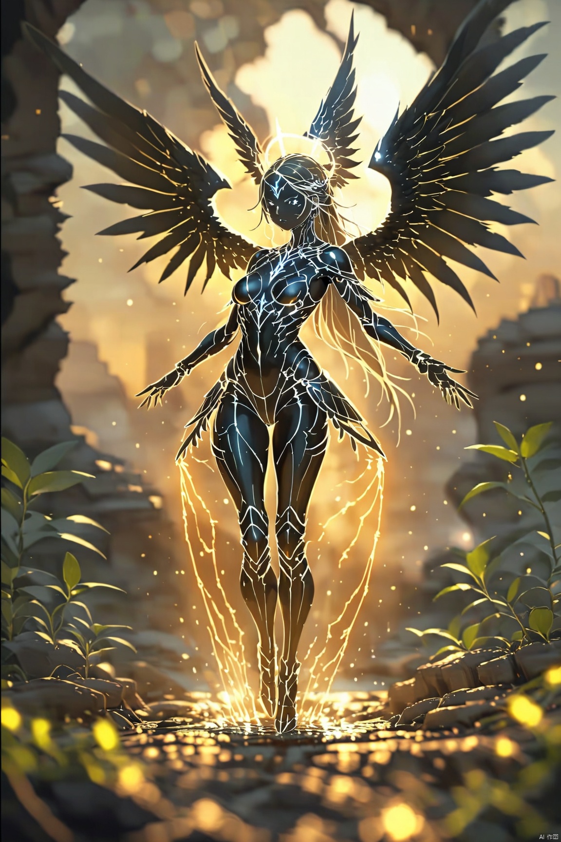 lineart, full body, dark fantasy female angel, stunning and beautiful, wings, mechanical components, insane detail