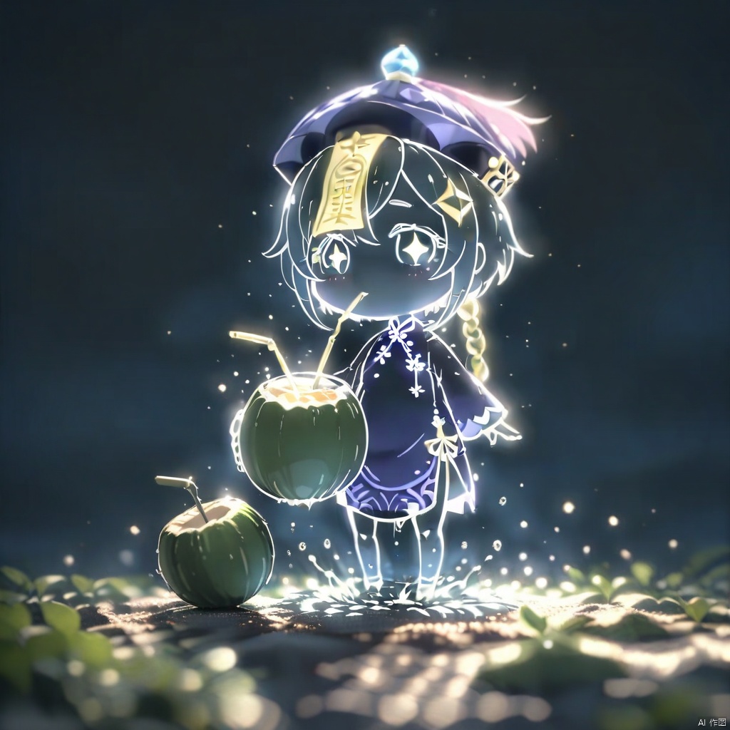 lineart,chibi,full_body,masterpiece, best quality, qiqi (genshin impact), hat 1girl, drinking straw, solo, holding, looking at viewer, chibi, drink,coconut, drinking straw in mouth, milk carton, simple background, sparkling eyes, +_+, symbol-shaped pupils, wide sleeves, chinese clothes, juice box, talisman, can, bendy straw, white background, holding drink 