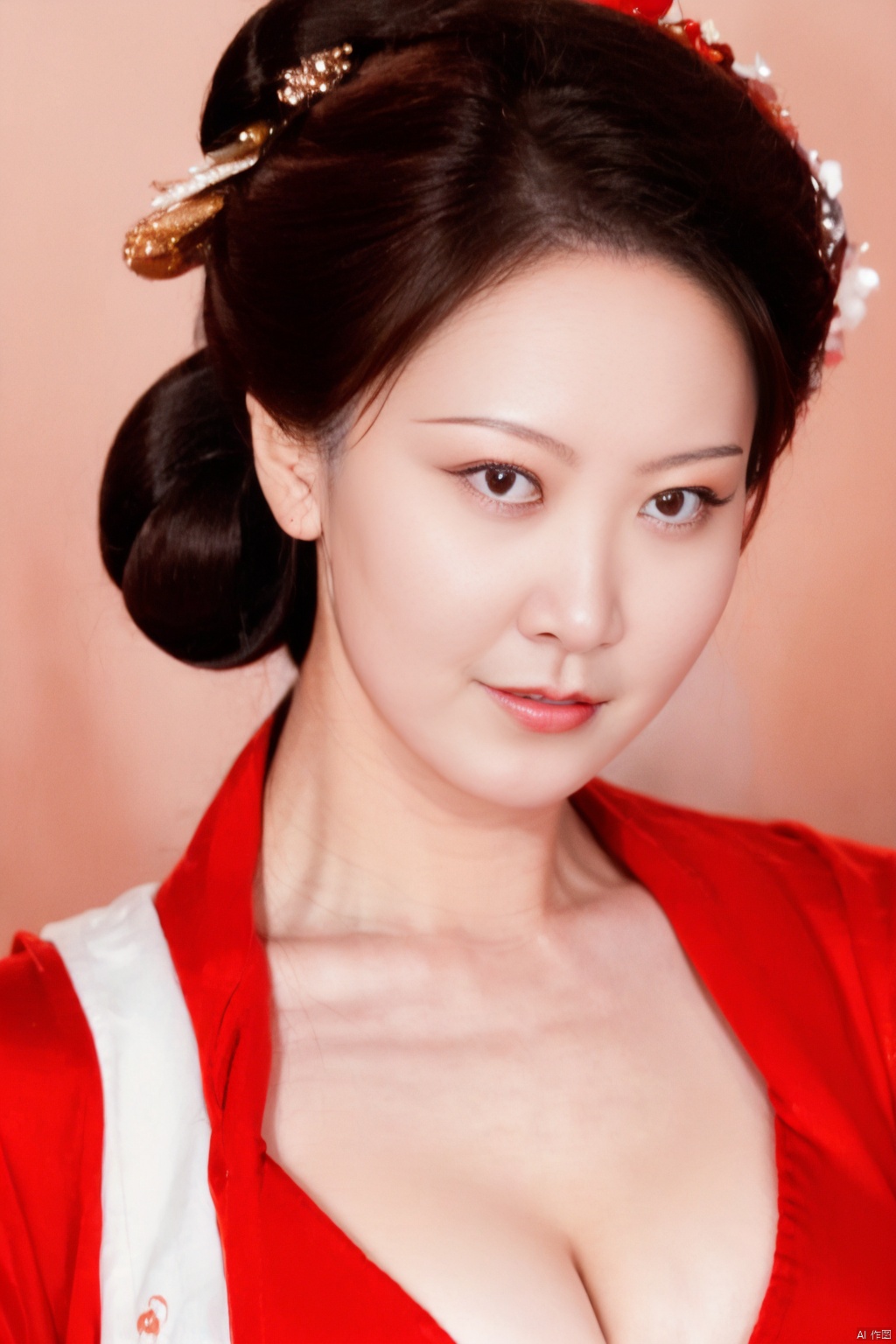 50mm film, one pretty girl, solo, updo, prefect face, makeup,  big tits, cleavage, hanfu