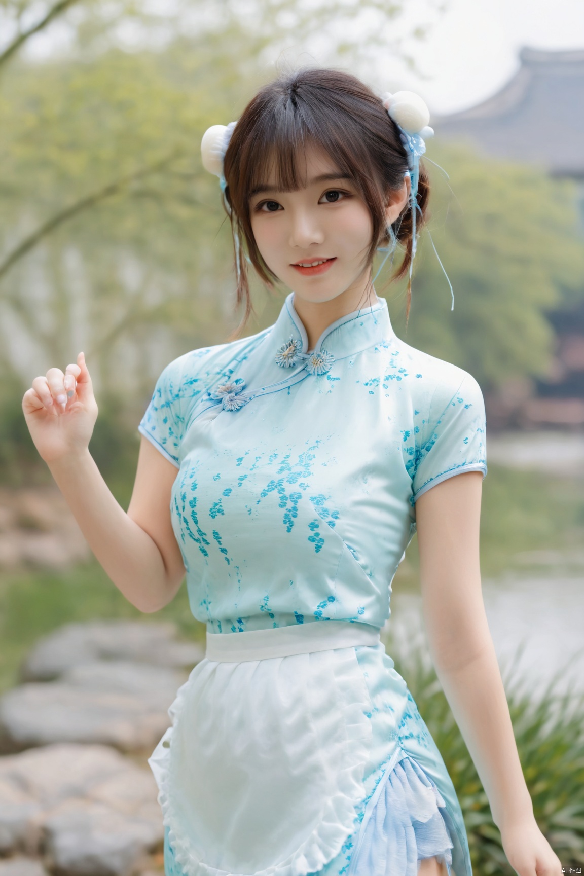  best quality, masterpiece,Depth of field,kind smile,looking_at_viewer,Dynamic pose,RAW photo,1girl,Xcheongsam,(big breasts:1.39),ping dress,