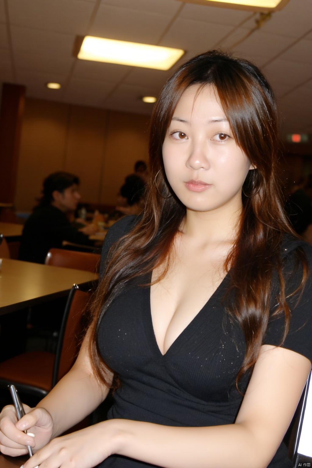 35mm film, one pretty girl, solo, updo, prefect face, makeup,  big tits, cleavage, black shirt, looking at viewer, 90s mall food court, dining tables, bright lights, softbox lighting, upper body, epiCPhoto, , xiaonizi, yanzi, rui, xueping, wengmeiling, jiaxin,Cyberpunk
