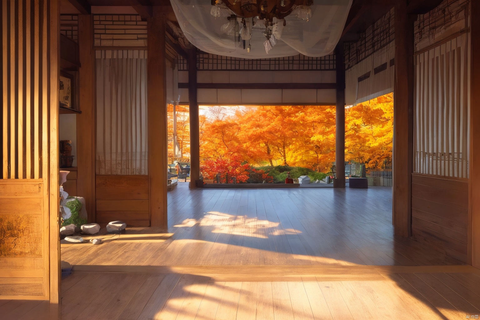 indoors, ancient, east asian, 16K CG, 8k, masterpiece, CG, best quality, high detailed, high detailed CG, No logo, no test, no humans, indoors, east asian architecture, big room, curtains, plants, scenery, ancient architecture, window, trees, Ancient costume, wood floor, open Landscape, autumn,